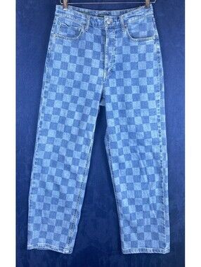Wild Fable Highest Rise Straight Checkered Blue Jeans Juniors Sz. 8 Button-Fly